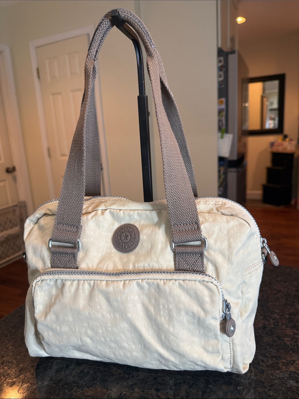 Kipling Cream Nylon Shoulder Bag with Taupe Straps